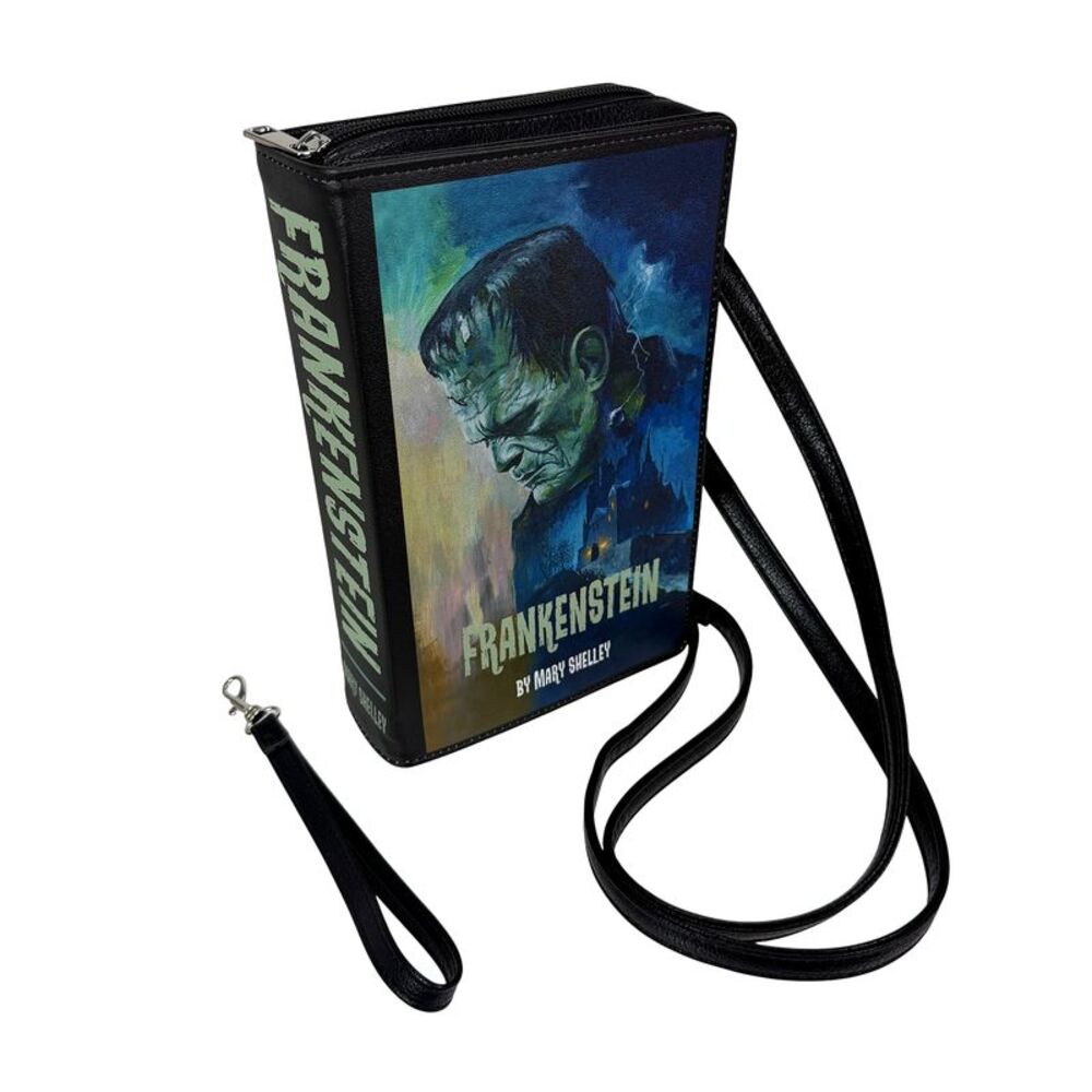 Book Clutch Bag Frankenstein Gothic Black Vinyl Cross Body Purse 9.25 In